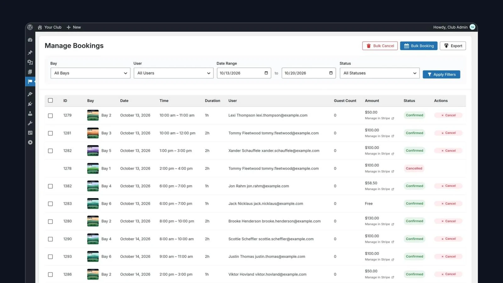 Manage Bookings screen in the WordPress admin, listing each booking with its bay, date, time and member.
