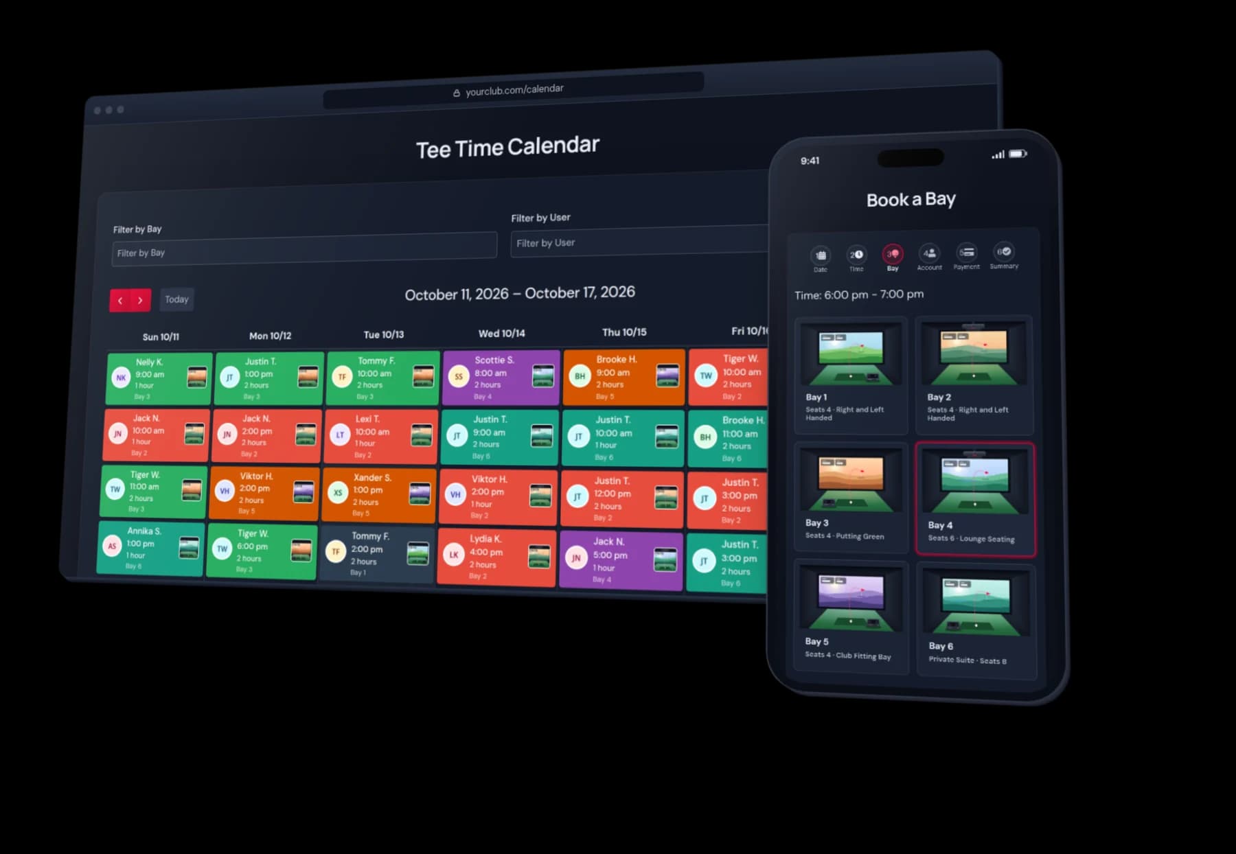 Golf In Club tee time calendar on desktop and the bay booking flow on a phone
