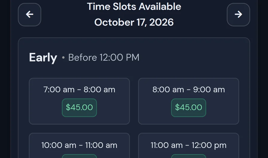 Available time slots with prices in the booking flow
