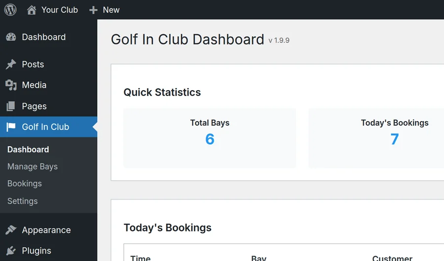The Golf In Club dashboard inside WordPress
