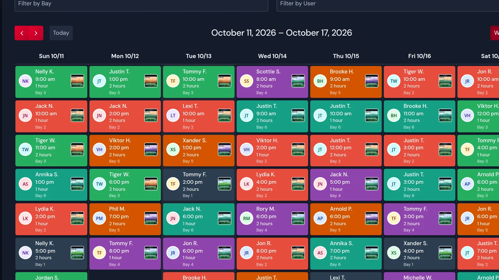 Weekly calendar view of bookings across all simulator bays