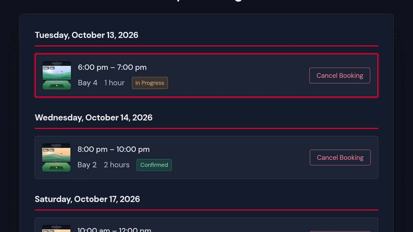 A member's list of upcoming bay bookings with a cancel button on each
